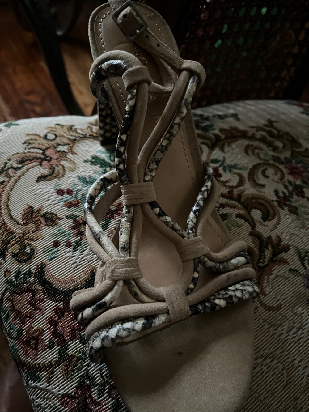Gibson Latimer Taupe Heeled Sandal with Snakeskin-Pattern Trim